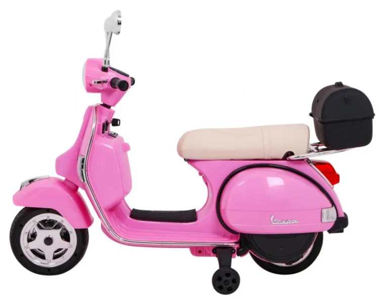 Vespa Električni Skuter Za Djecu Roza + Pomoćni Kotači + Audio + Eko Koža + Eva + Spori Start Motor Na Akumulator 4