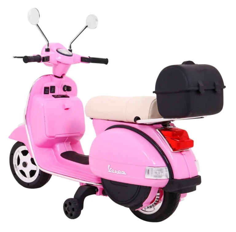 Vespa Električni Skuter Za Djecu Roza + Pomoćni Kotači + Audio + Eko Koža + Eva + Spori Start Motor Na Akumulator 5