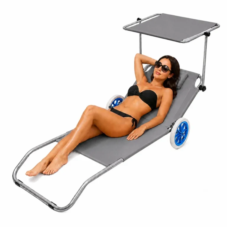 Vrtna Ležaljka Za Plažu Na Kotačima Sa Sklopivom Tendom, Aluminijska, Siva 2