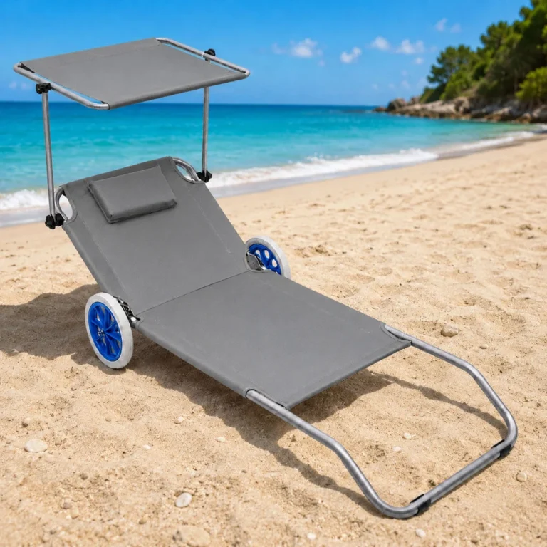 Vrtna Ležaljka Za Plažu Na Kotačima Sa Sklopivom Tendom, Aluminijska, Siva 5