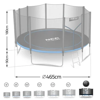 Vrtni Trampolin Neo Sport, Ø 465 Cm (15 Ft), Vanjska Mreža I Ljestve, Siva 4