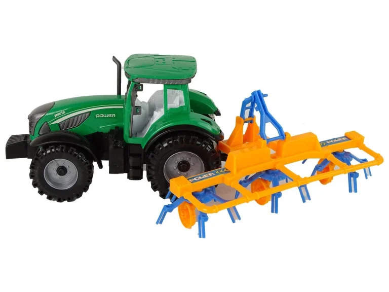 Zeleni Traktor S Narančastim I Plavim Pogonom Trenja Grablja 3