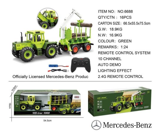 Zeleni Rc Traktor Mercedes Benz 1:24 S Prikolicom I Dizalicom Za Drva 1