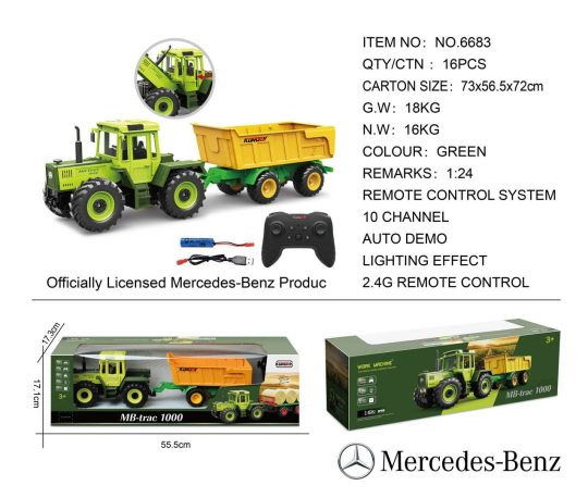 Zeleni Traktor Mercedes Benz 1:24 S Daljinskim Upravljanjem I žutom Prikolicom 1